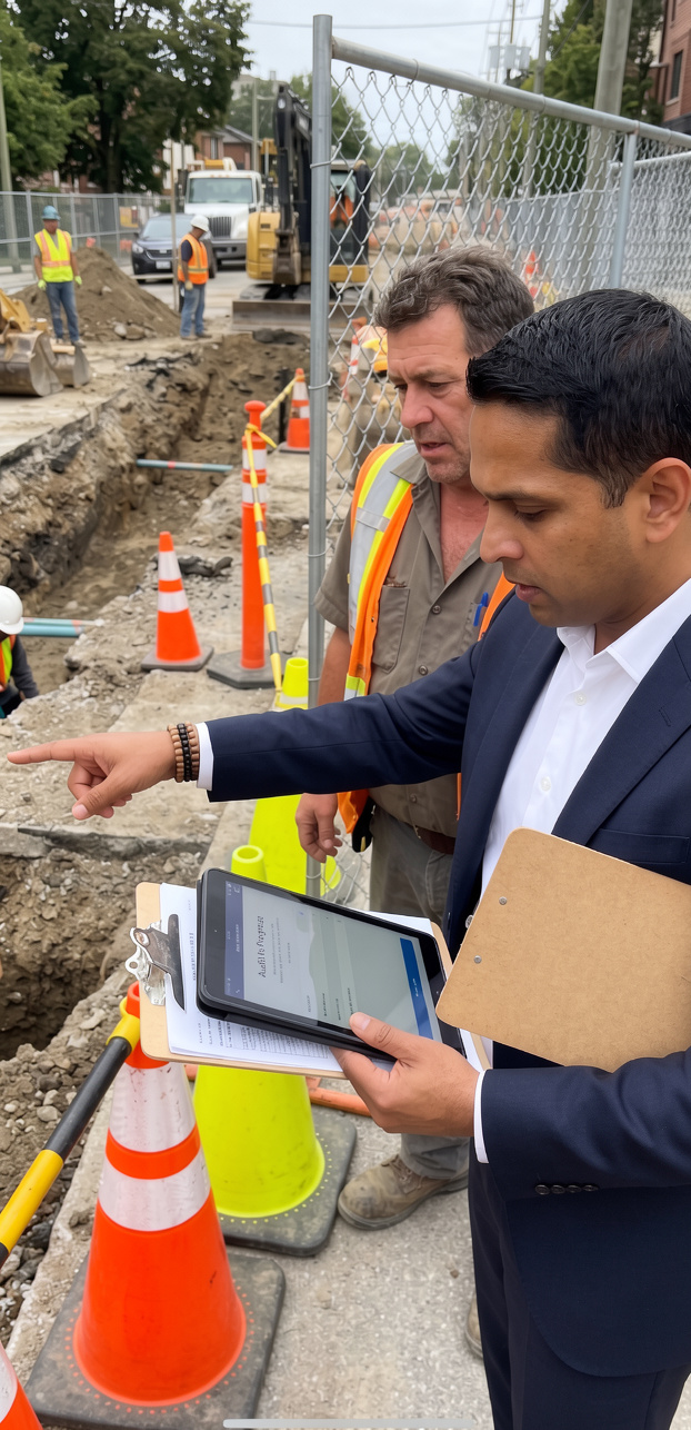 Santosh Sabnis on site reviewing municipal infrastructure conditions